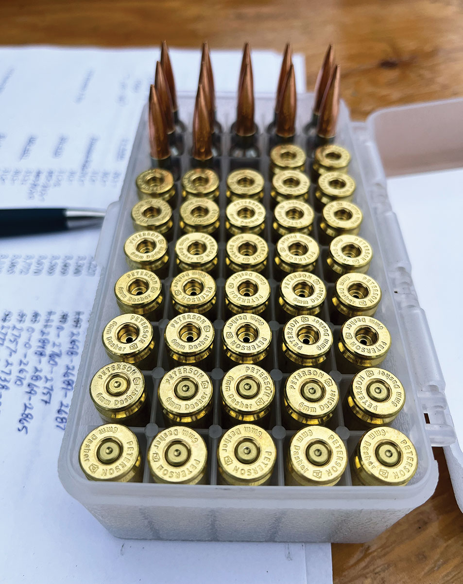 Patrick considers Peterson Cartridge brass among the best of the best. It certainly showed its worth during the 6mm Dasher test, with more than 50 percent of all groups shot printing into less than a half-inch.